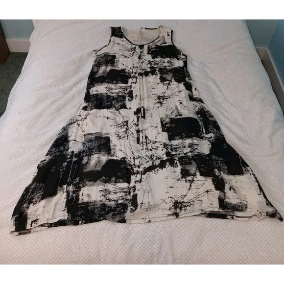 Abstract Black White Boxy Boho Lagenlook Artsy Lightweight‎ Lined Maxi Dress OS - Picture 6 of 13
